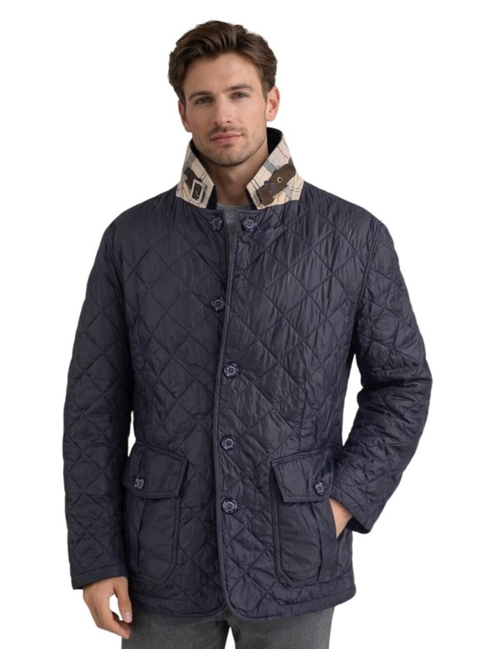 Barbour Men's Quilted Tartan Sander Jacket Navy Classic Preppy Size L